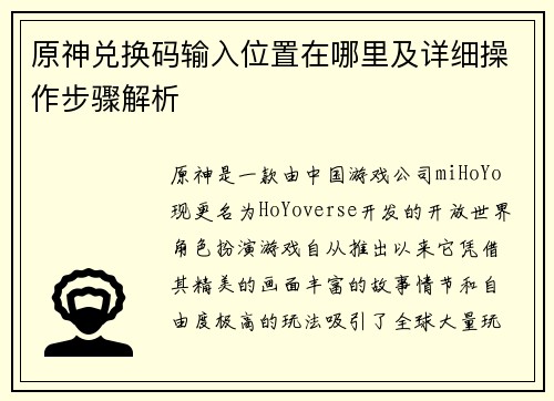 原神兑换码输入位置在哪里及详细操作步骤解析